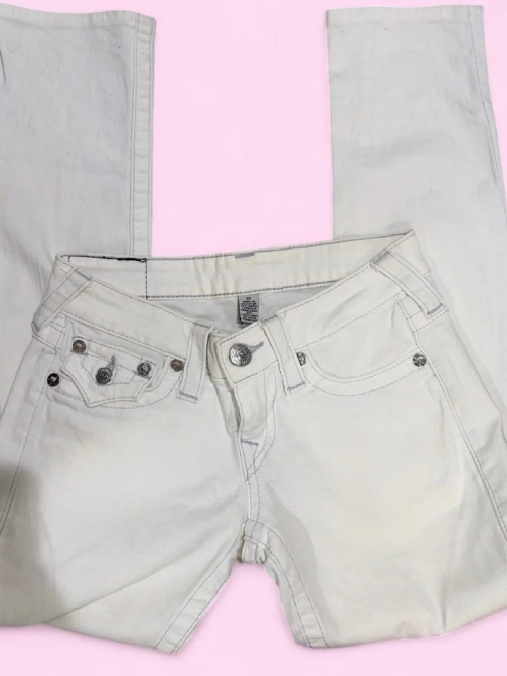 True Religion Women's Cream Skinny Jeans with Signature Pocket Stitching